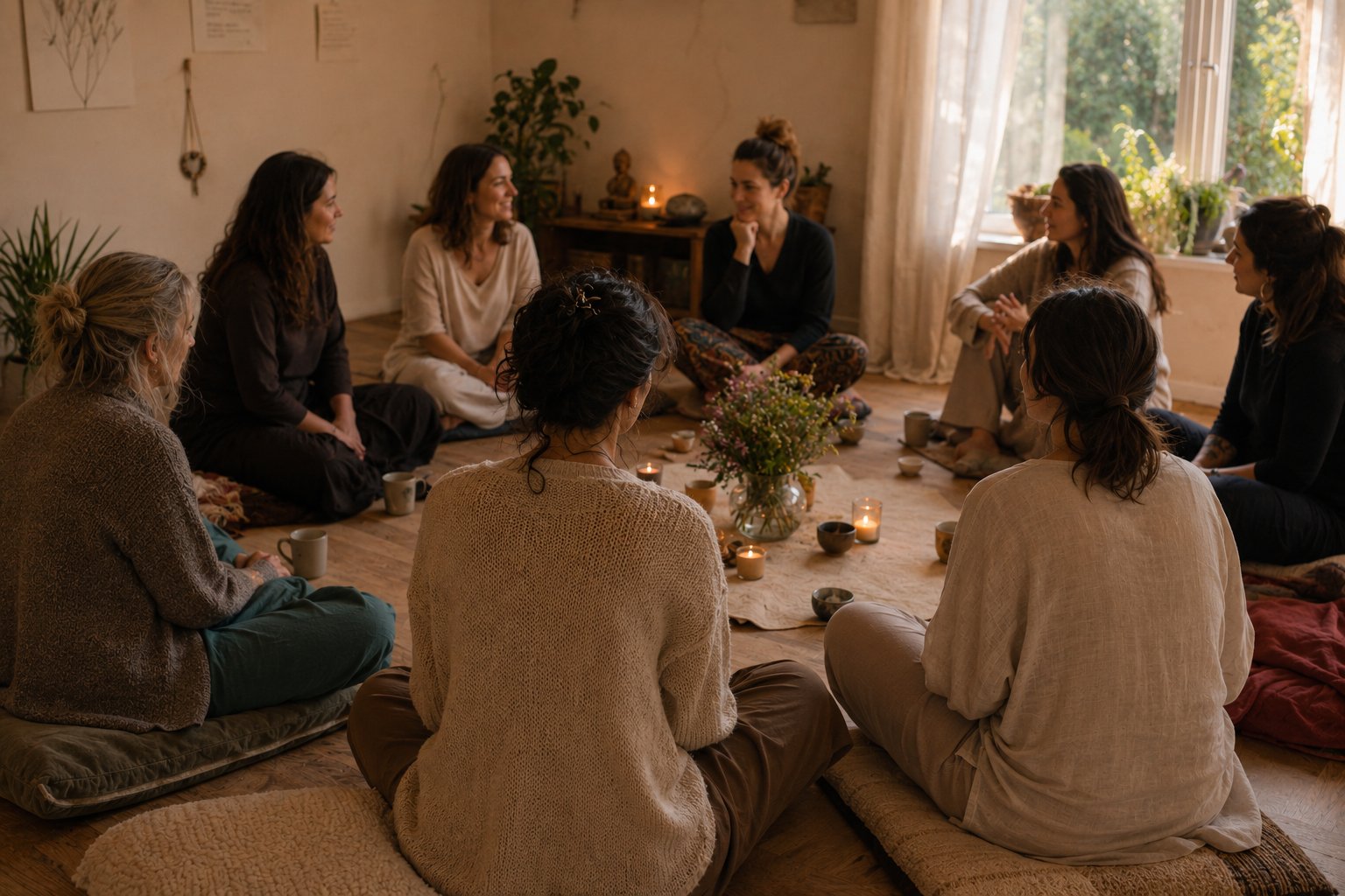 A small circle of women gathered on cushions